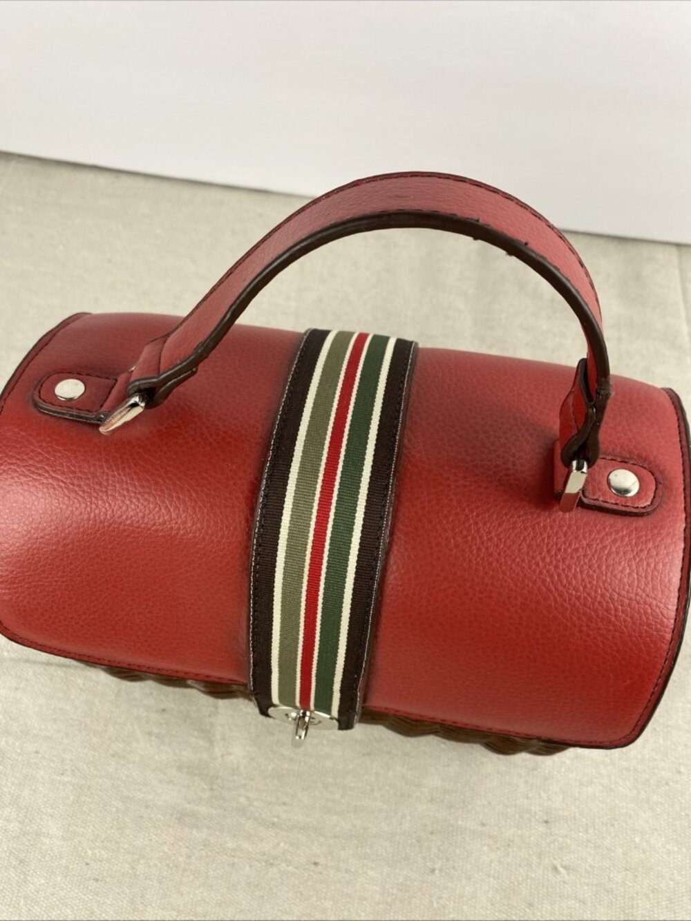 VTG Leather & Wicker Rattan Picnic Basket Purse Woven Handbag Red Check Fabric - Picture 9 of 16